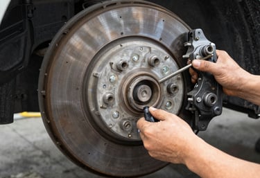 Close-up of a technician balancing a car tire on a wheel balancer.