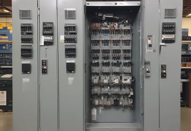 Technician working on industrial electrical control panels in a large agricultural facility.