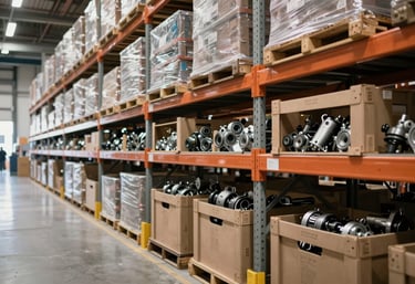 A well-organized modern warehouse aisle in a North American / US logistics center, packed with sturdy crates of spare parts, illuminated by clean, bright lighting.