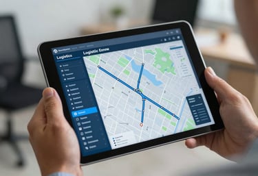 A close-up of a professional holding a digital tablet. The screen displays a logistics map with route lines and data indicators in dark blue and light blue. Blurred office background.