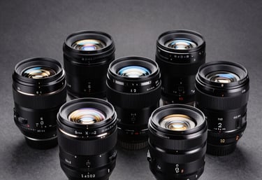 A collection of high-end cinema lenses resting on a dark gray surface. Each lens has a steel blue reflection. Professional North American studio lighting.