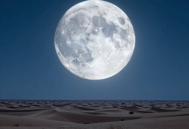 A wide shot of a North American desert under a giant, glowing 3D moon in the sky. Cinematic steel blue color grading, creating a speculative science atmosphere.