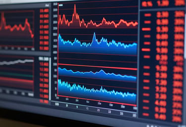 Macro photography of a high-resolution digital display showing scrolling performance charts in crimson and royal blue tones.