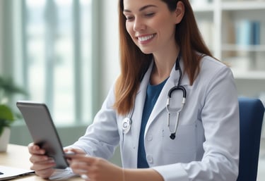 A warm, friendly doctor smiling during a video consultation with a patient at home.
