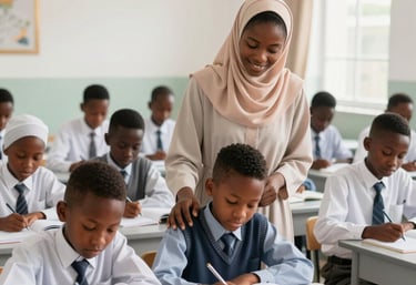 A teacher guiding young students during Qur’an recitation in the academy’s serene study hall.