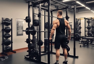 Athlete lifting heavy barbell in a brightly lit gym space.