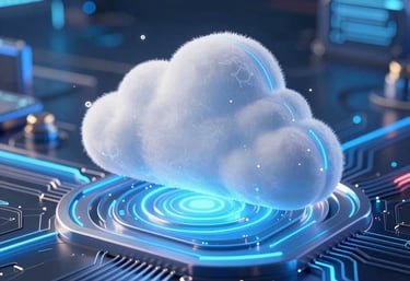 Marketing technology service banner with a futuristic cloud computing and microchip circuit board.