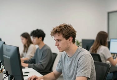 A friendly IT technician assisting a small business owner with computer setup in a bright, modern office.
