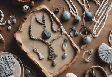 Colección de joyas boho hechas a mano que incluye collares de macramé, aretes de piedras preciosas 