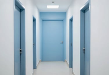 A modern and clean South American / Brazilian medical clinic hallway, showing a professional and calm environment related to health benefits. The composition is clean and minimalist, using a palette of light blue and white.