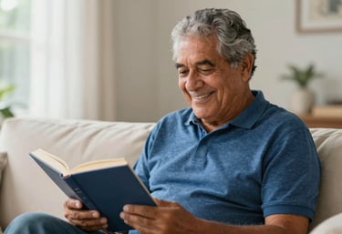 A happy South American / Brazilian senior man smiling while reading a book in a sunlit living room, representing a secure and peaceful retirement. The photography is soft and lifestyle-oriented, with tones of medium blue and off-white.