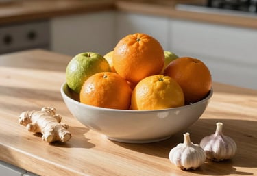 A beautifully composed still-life photograph of a bowl of colorful citrus fruits, ginger, and garlic on a light wood kitchen counter in a North American home, illuminated by morning sun.