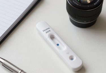 An affordable home health testing kit neatly arranged on a table next to a notepad and pen, North American / US setting, clean, bright lighting, accessible and scientific mood.
