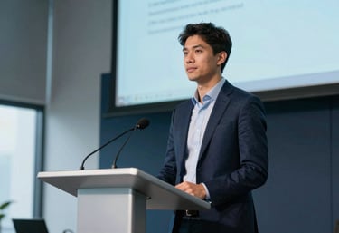 A young founder standing confidently at a podium in a modern, airy North American event space. The composition is focused and empowering, using light blue and dark navy tones to reflect a professional pitch environment.