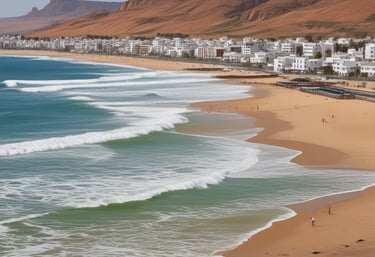 A warm, inviting street scene in Agadir with locals and tourists enjoying a sunny day.