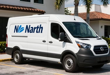 A clean white HVAC service van with professional branding parked on a sunny street in North American / US - Miami, Florida.
