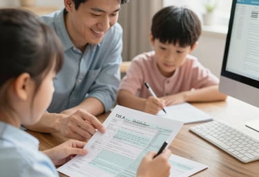 An image of a friendly tax professional assisting a smiling client with individual tax documents in a bright, modern office.