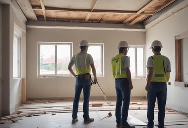 Modern home renovation with exposed beams and new lighting installation.
