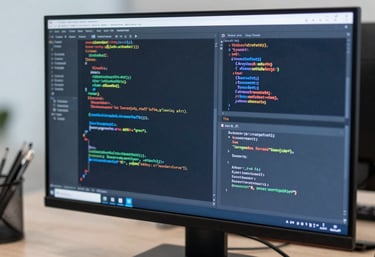 A close-up of high-speed code on a monitor in a clean, modern workspace, reflecting professional software development standards in a steel blue tone.