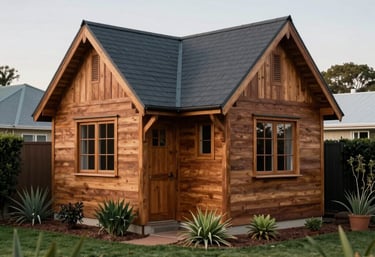 A high-resolution photo of a sturdy, treated timber Wendy house with a dark charcoal roof, nestled in a neat South African suburban garden with local greenery.