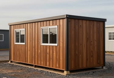 A sharp, clear photo of a modular site office finished in an earthy medium brown stain, positioned on a gravel lot in a South African commercial zone.