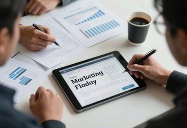 A top-down view of a strategy session with a tablet, documents, and coffee, representing professional digital marketing planning in Indonesia.