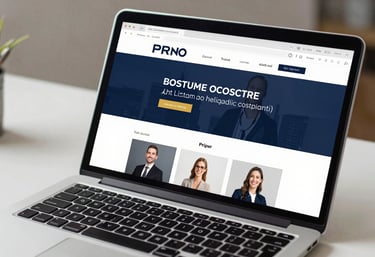 Close up of a premium laptop displaying a sleek, professional corporate website design with navy and gold elements, set in a clean workspace.