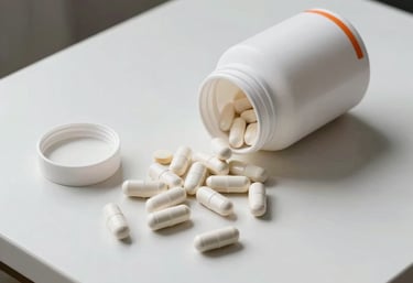 An overhead shot of healthy, performance-oriented food and natural supplements on a minimalist white table, Smoke White and Light Orange accents, professional health aesthetic.