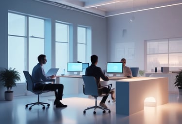 A sleek A minimalist office scene with a small team collaborating around a laptop, bathed in soft bl