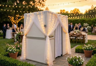 a photo booth in a beautiful backyard wedding
