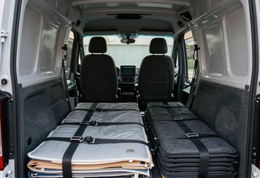 A detail shot of the interior of a professional moving van, showing organized loading straps, moving pads, and a very clean, well-maintained storage area.