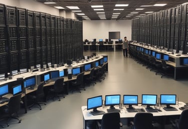 A team of IT professionals collaborating over network infrastructure equipment in a modern office.