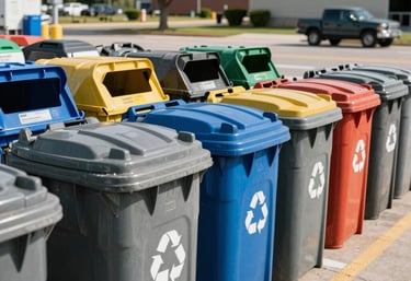 A clean North American recycling center drop-off area with neatly organized bins, representing ecological responsibility. Bright, sunny outdoors, professional atmosphere.