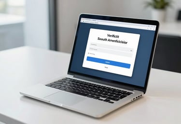 A modern laptop on a clean white desk in a South American / Brazilian office showing a successful verification message, clean and efficient vibe, soft blue tones.