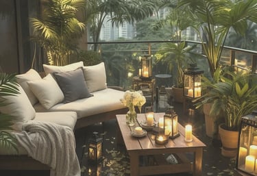 warm outdoor balcony seating area with candles, plants, and comfortable cushions during sunset
