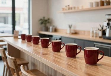 Wide-angle photography of a bright, airy North American cafe with minimalist wooden furniture and deep crimson ceramic mugs on the counter.
