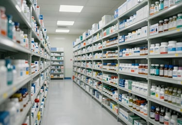 An organized pharmaceutical storage facility with clean lines and soft lighting, representing North American standards of order and efficiency.