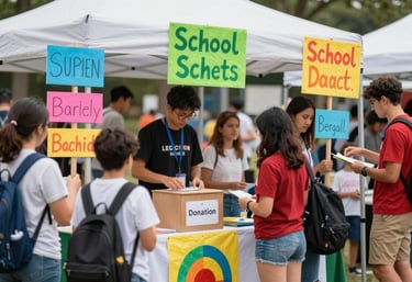 A colorful school fundraising booth at an outdoor festival with handmade signs and a donation box. High energy and communal spirit, with a focus on active participation.