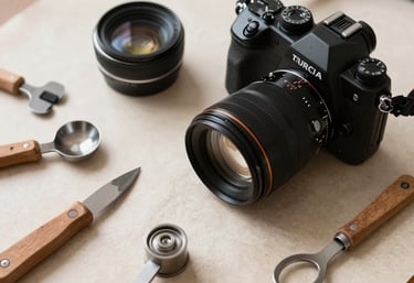A flat-lay of culinary tools and a camera on a parchment-colored surface, North American creative studio style.