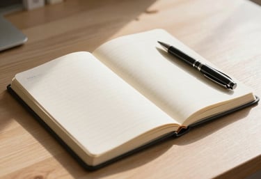 A beautiful, clean notebook and a high-quality pen resting on a light wood desk in a room filled with morning light, symbolizing personal growth.