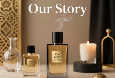 Close-up of an elegant perfume bottle with gold accents resting on a minimalist black and white surface.