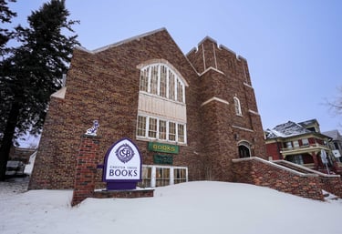 Historic church that has been converted to Chester Creek Books; a used bookstore located in Duluth