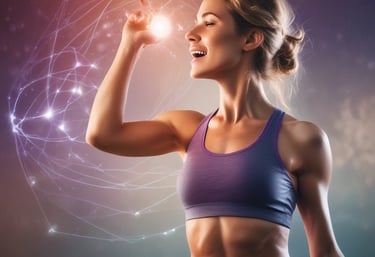 A vibrant workspace with biohacking tools, supplements, and a laptop displaying health data charts.