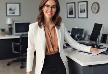 A friendly accountant working on financial documents in a bright office.