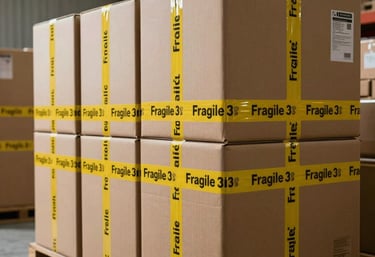 A professional warehouse interior with stacked boxes labeled with 'Fragile' tape, organized for a smooth dispatch in South Asian logistics style.