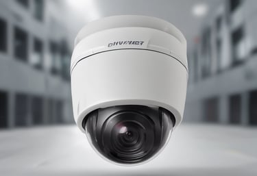 Close-up of a security camera mounted on a building corner with a clear blue sky background