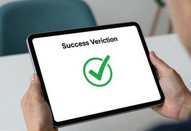 A close-up of a digital tablet showing a successful verification checkmark. The environment is a clean, modern home office with teal accents.