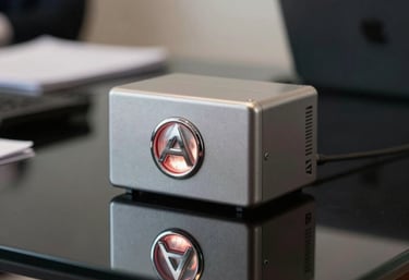 A close-up of a high-end automotive brand logo and a sleek metallic LED bulb box on a black glass table with soft red reflections. Professional Southeast Asian / Indonesian business office setting.
