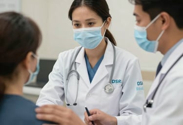 Medical team consulting with a patient in a bright, clean clinic room.