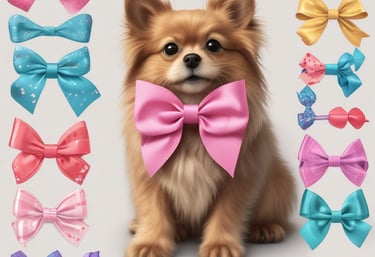 A colorful display of pet bow ties and collars arranged on a rustic wooden table.